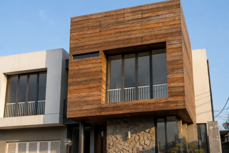 Rumah Modern Kontemporer 2 Lantai dengan Wood Cladding dan Batu Alam - tampak eksterior