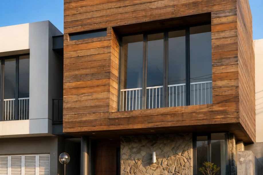 Rumah Modern Kontemporer 2 Lantai dengan Wood Cladding dan Batu Alam - detail fasad