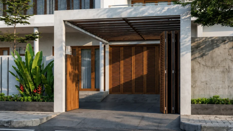 Desain Rumah Tropis Modern Dua Lantai dengan Secondary Skin - detail fasad