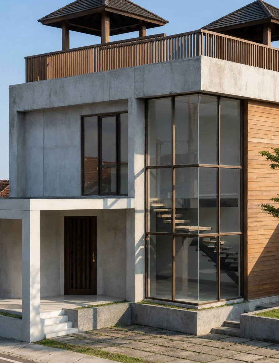 Desain Rumah Modern di Lahan Sudut dengan Kolam Renang dan Rooftop - area pendukung