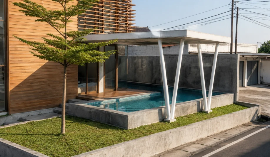 Desain Rumah Modern di Lahan Sudut dengan Kolam Renang dan Rooftop - detail proyek