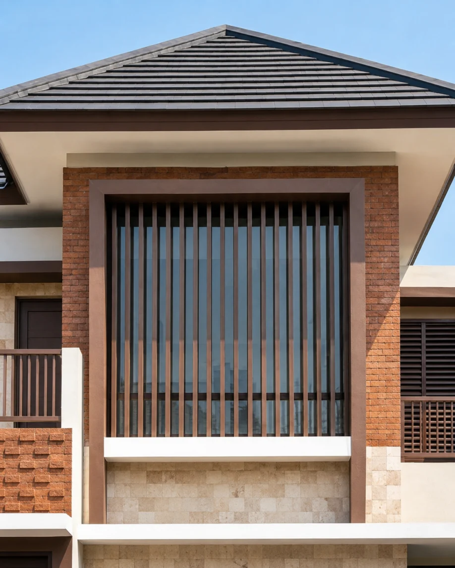 Desain Rumah Modern Tropis Dua Lantai dengan Secondary Skin - tampak eksterior