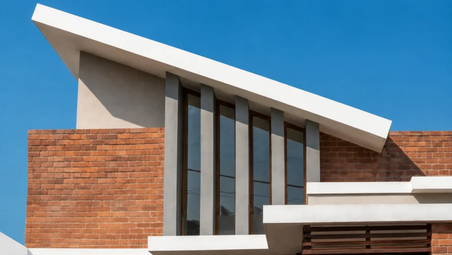 Desain Rumah Modern Tropis dengan Bata Ekspos dan Atap Miring - detail fasad