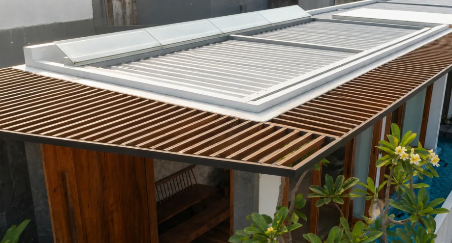 Desain Villa Tropis Satu Lantai dengan Kolam Renang Linear - area pendukung
