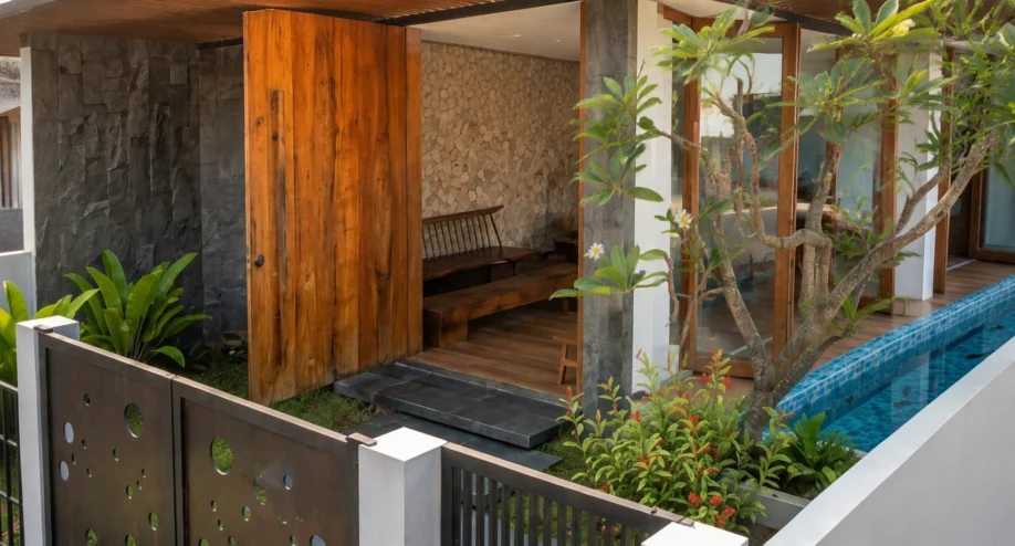 Desain Villa Tropis Satu Lantai dengan Kolam Renang Linear - detail proyek