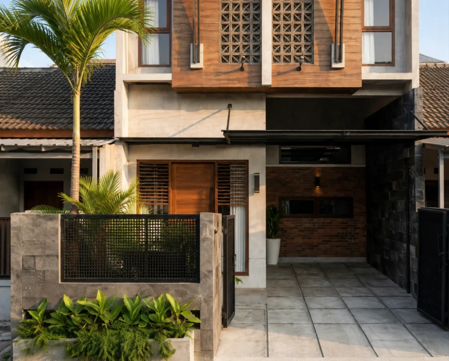 Desain Rumah Urban Tropis dengan Roster dan Fasad Kayu - tampak eksterior