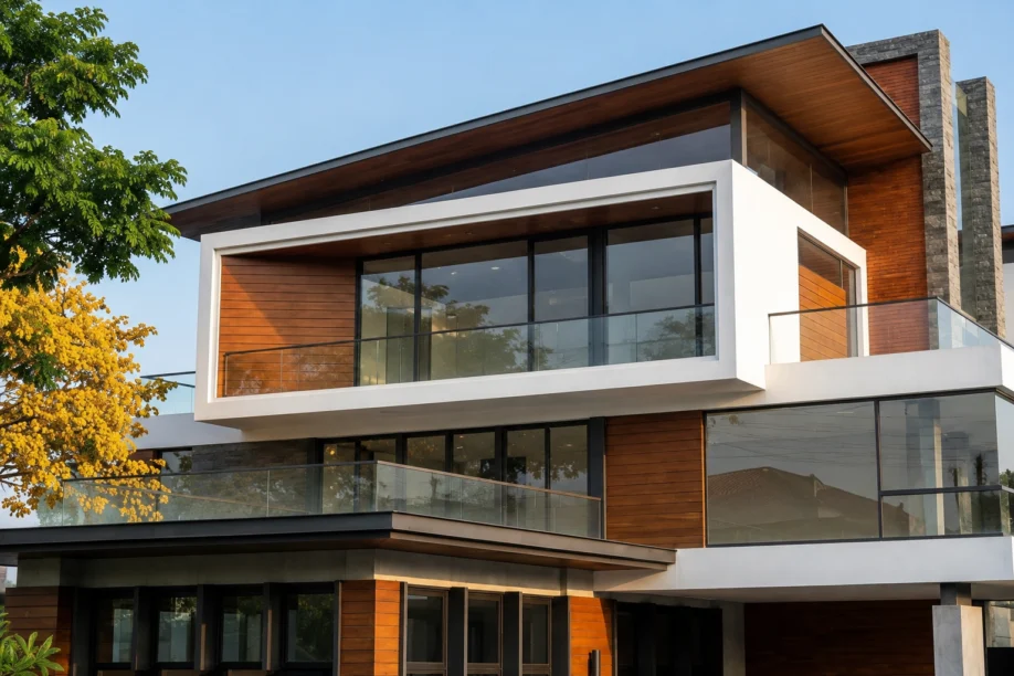 Desain Rumah Modern Tropis Tiga Lantai di Lahan Sudut - detail fasad