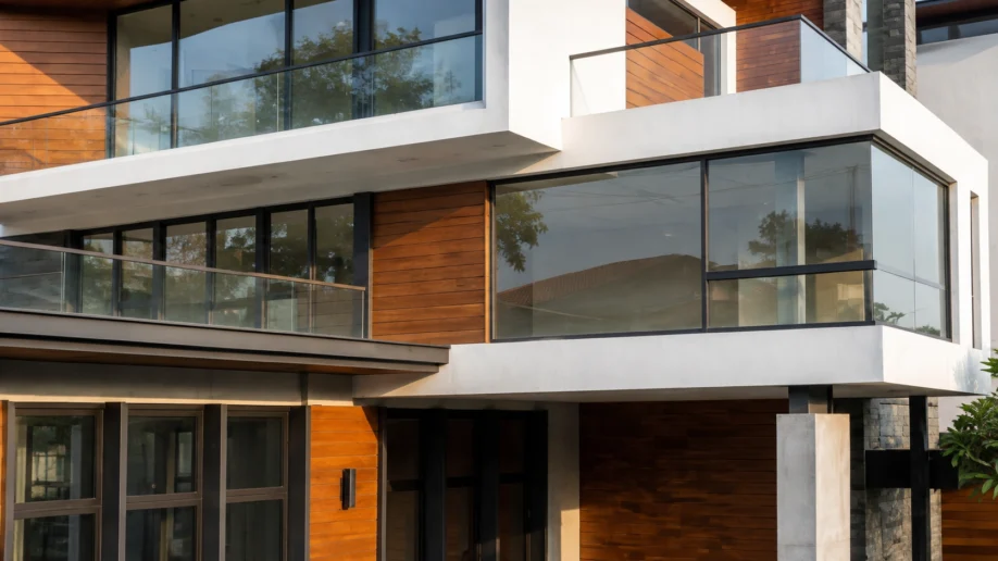 Desain Rumah Modern Tropis Tiga Lantai di Lahan Sudut - detail fasad