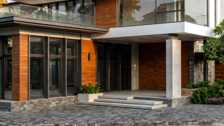 Desain Rumah Modern Tropis Tiga Lantai di Lahan Sudut - detail proyek