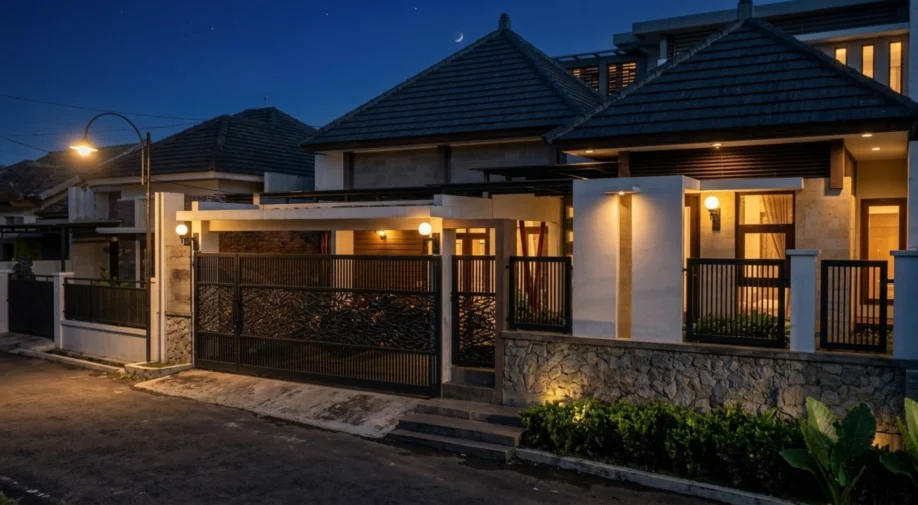 Rumah Tropis Modern dengan Material Alam dan Pagar Motif Daun - tampak eksterior