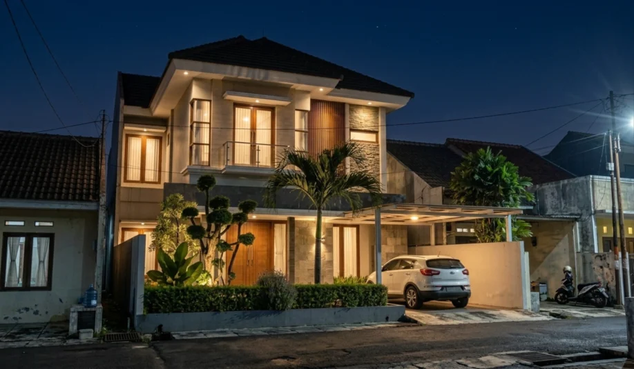 Rumah Modern Tropis 2 Lantai dengan Batu Alam dan Kisi Kayu - tampak eksterior