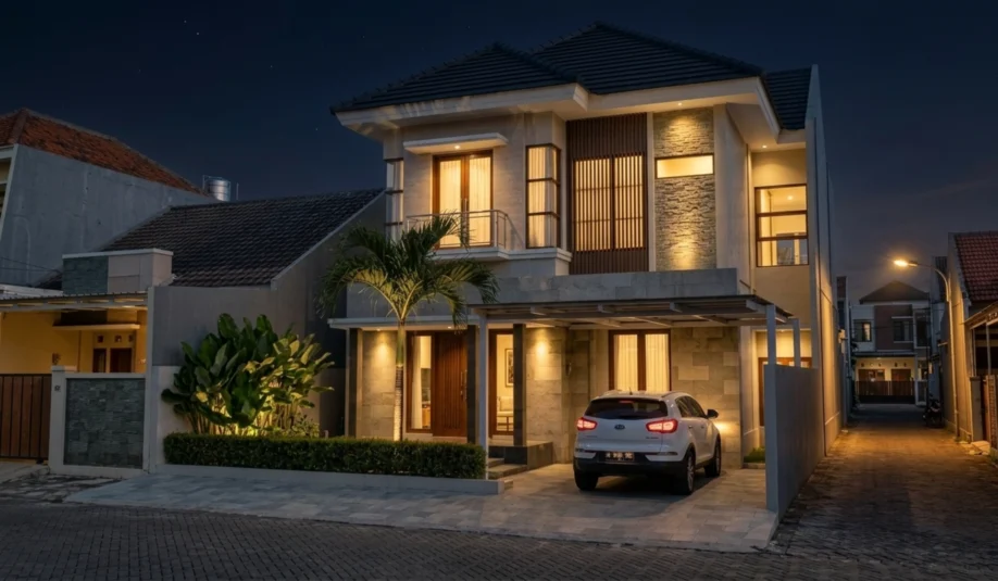 Rumah Modern Tropis 2 Lantai dengan Batu Alam dan Kisi Kayu - tampak eksterior