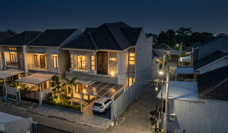 Rumah Modern Tropis 2 Lantai dengan Batu Alam dan Kisi Kayu - tampak eksterior