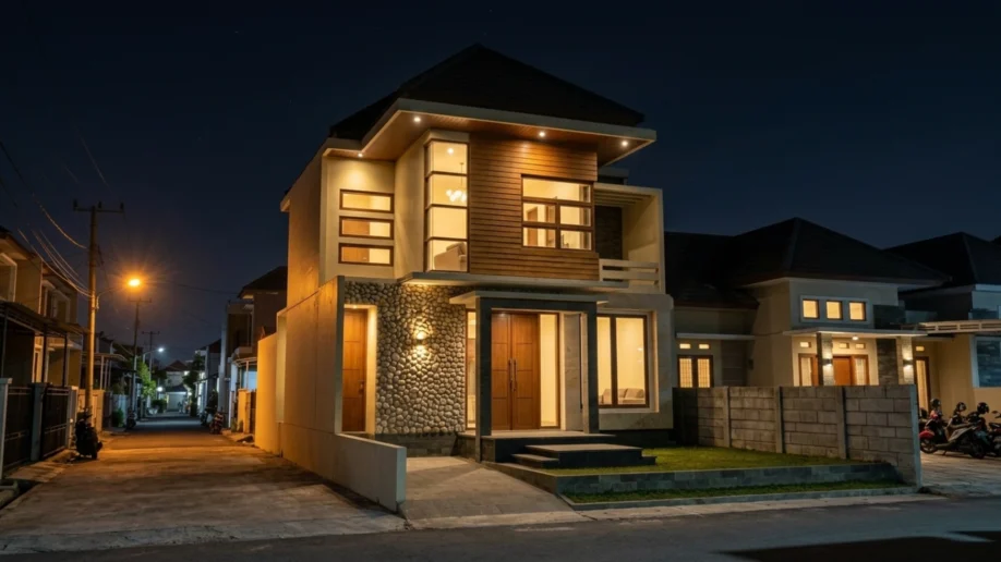 Rumah Modern Tropis 2 Lantai dengan Aksen Kayu dan Batu Alam - tampak eksterior
