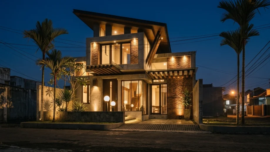 Rumah Modern Tropis 2 Lantai dengan Bata Ekspos dan Elemen Kayu - tampak eksterior