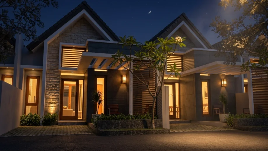 Desain Rumah Kembar Modern Tropis dengan Batu Alam dan Kisi Kayu - tampak eksterior