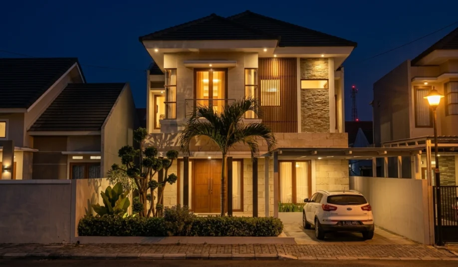 Rumah Modern Tropis 2 Lantai dengan Batu Alam dan Kisi Kayu - tampak eksterior