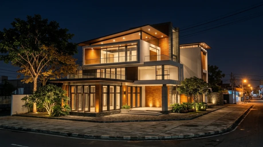 Desain Rumah Modern Tropis Tiga Lantai di Lahan Sudut - tampak eksterior