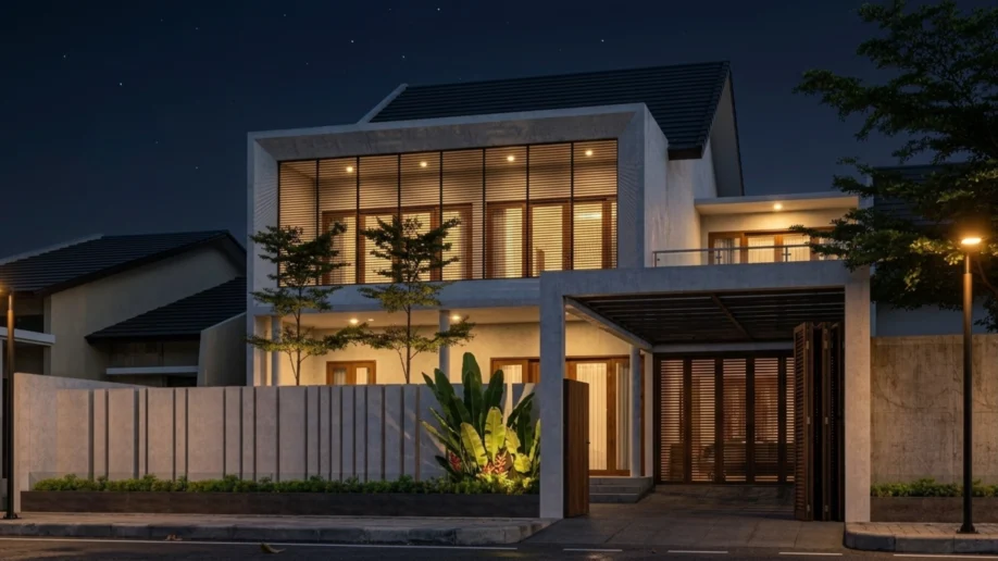 Desain Rumah Tropis Modern Dua Lantai dengan Secondary Skin - tampak eksterior