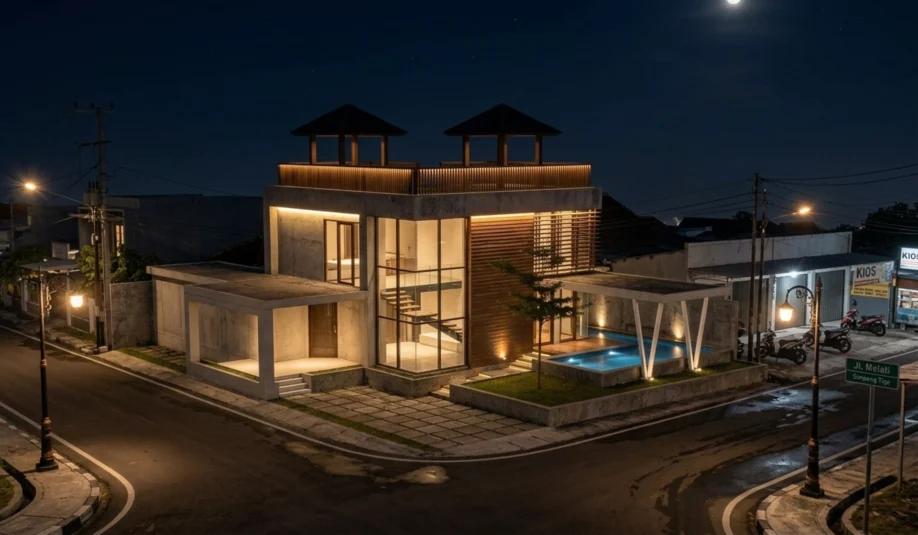 Desain Rumah Modern di Lahan Sudut dengan Kolam Renang dan Rooftop - tampak eksterior