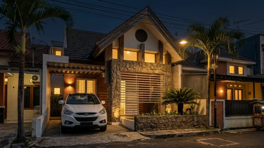 Desain Rumah Tropis Kontemporer dengan Fasad Batu Alam - tampak eksterior