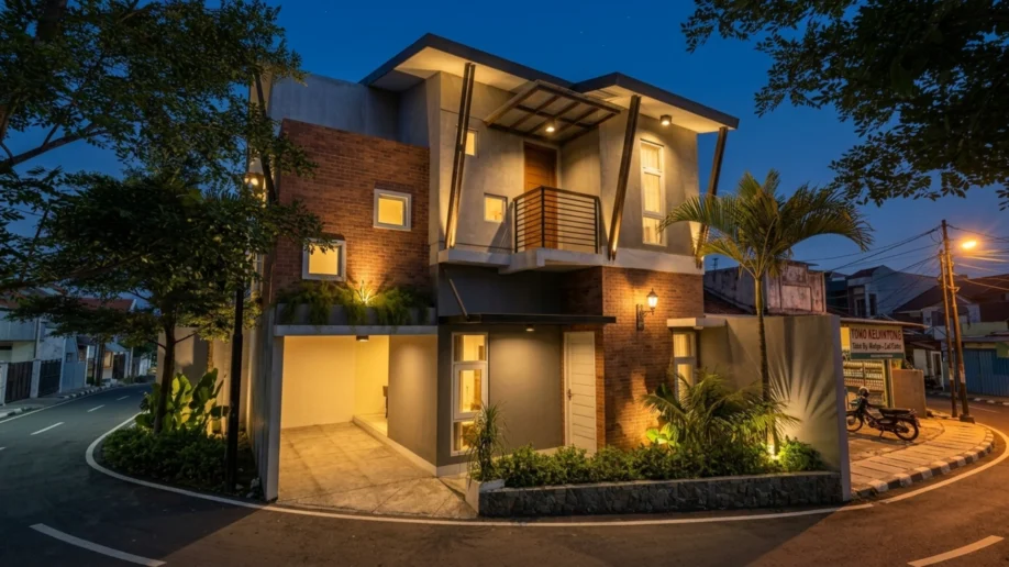 Desain Rumah Industrial Tropis Dua Lantai di Lahan Sudut - tampak eksterior