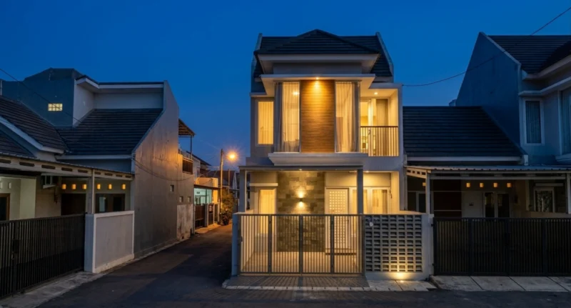 Desain Rumah Minimalis Dua Lantai dengan Aksen Kayu - tampak eksterior