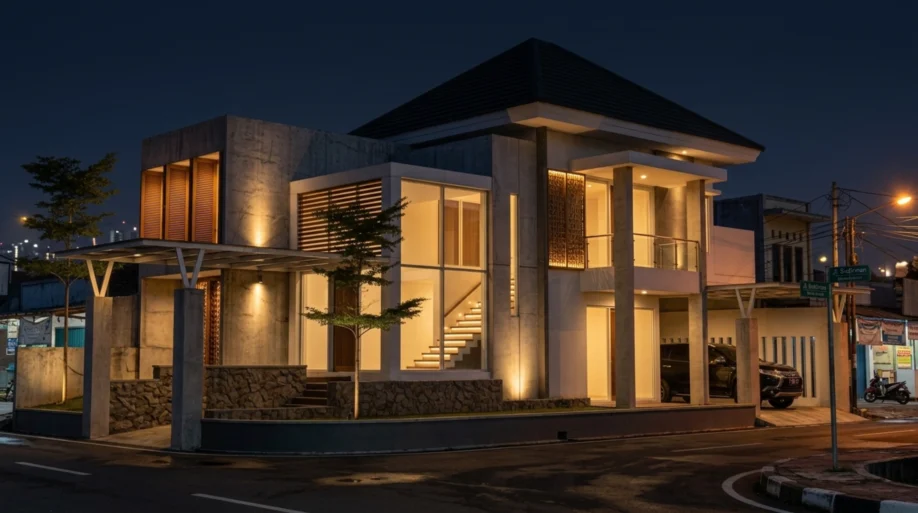 Desain Rumah Modern Tropis Kontemporer dan Kaca Tinggi - tampak eksterior
