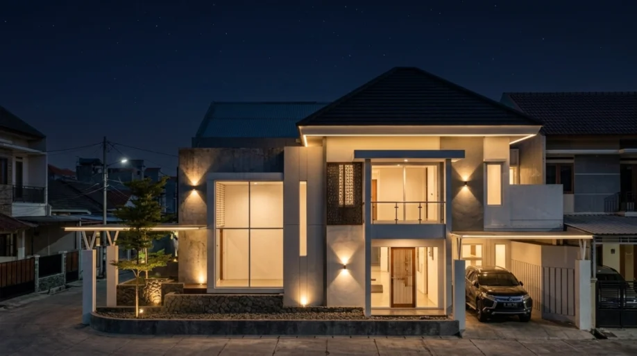 Desain Rumah Modern Tropis Kontemporer dan Kaca Tinggi - tampak eksterior