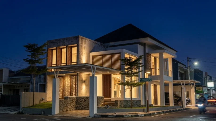 Desain Rumah Modern Tropis Kontemporer dan Kaca Tinggi - tampak eksterior