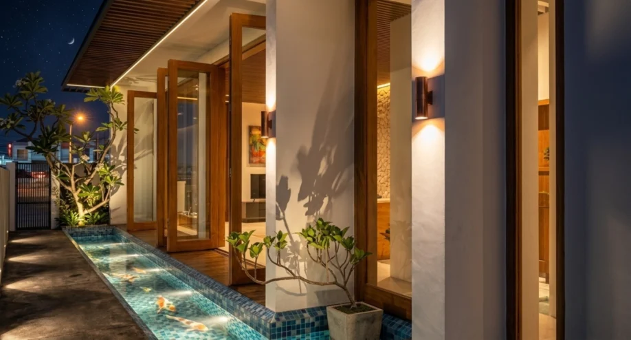 Desain Villa Tropis Satu Lantai dengan Kolam Renang Linear - tampak eksterior