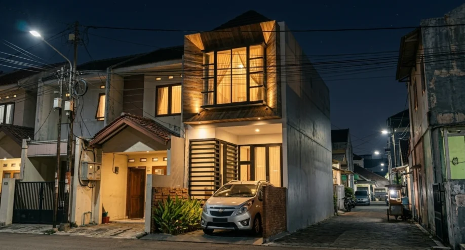 Rumah Urban Modern dengan Secondary Skin dan Wood Accent - tampak eksterior