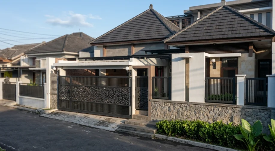 Rumah Tropis Modern dengan Material Alam dan Pagar Motif Daun - tampak eksterior