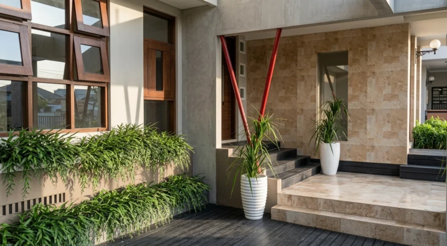 Rumah Tropis Modern dengan Material Alam dan Pagar Motif Daun - tampak eksterior