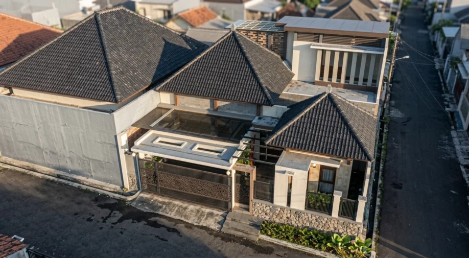 Rumah Tropis Modern dengan Material Alam dan Pagar Motif Daun - tampak eksterior