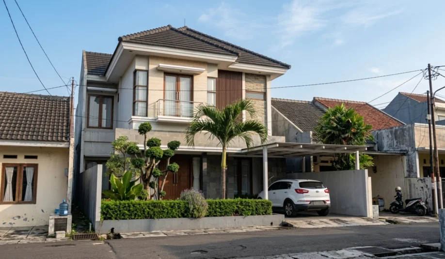 Rumah Modern Tropis 2 Lantai dengan Batu Alam dan Kisi Kayu - tampak eksterior