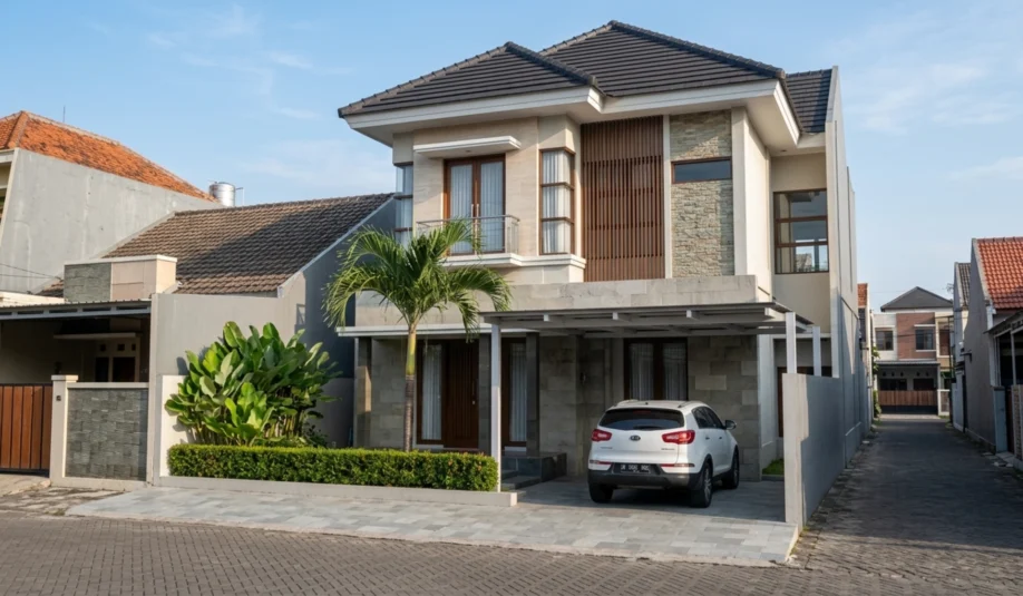 Rumah Modern Tropis 2 Lantai dengan Batu Alam dan Kisi Kayu - tampak eksterior