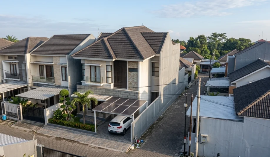 Rumah Modern Tropis 2 Lantai dengan Batu Alam dan Kisi Kayu - tampak eksterior
