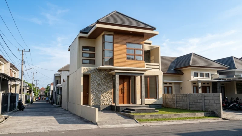 Rumah Modern Tropis 2 Lantai dengan Aksen Kayu dan Batu Alam - tampak eksterior