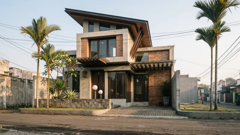 Rumah Modern Tropis 2 Lantai dengan Bata Ekspos dan Elemen Kayu - tampak eksterior