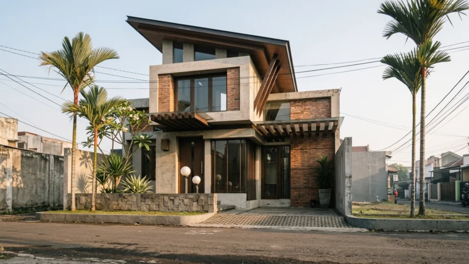 Rumah Modern Tropis 2 Lantai dengan Bata Ekspos dan Elemen Kayu