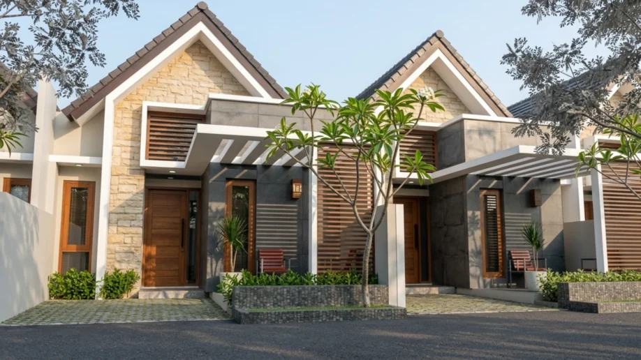Desain Rumah Kembar Modern Tropis dengan Batu Alam dan Kisi Kayu