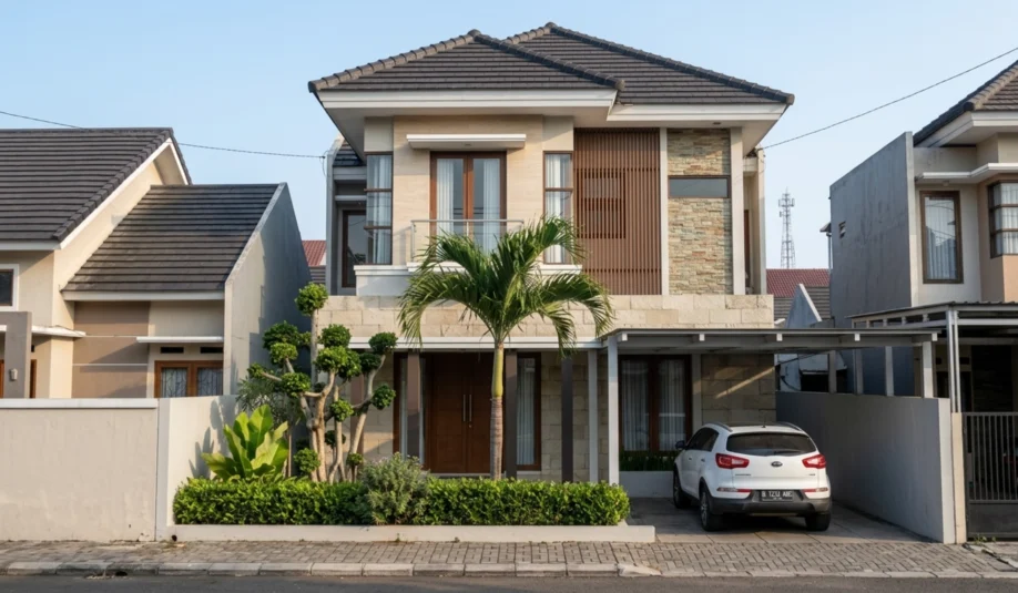 Rumah Modern Tropis 2 Lantai dengan Batu Alam dan Kisi Kayu - tampak eksterior
