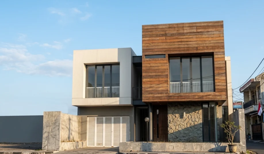 Rumah Modern Kontemporer 2 Lantai dengan Wood Cladding dan Batu Alam - tampak eksterior