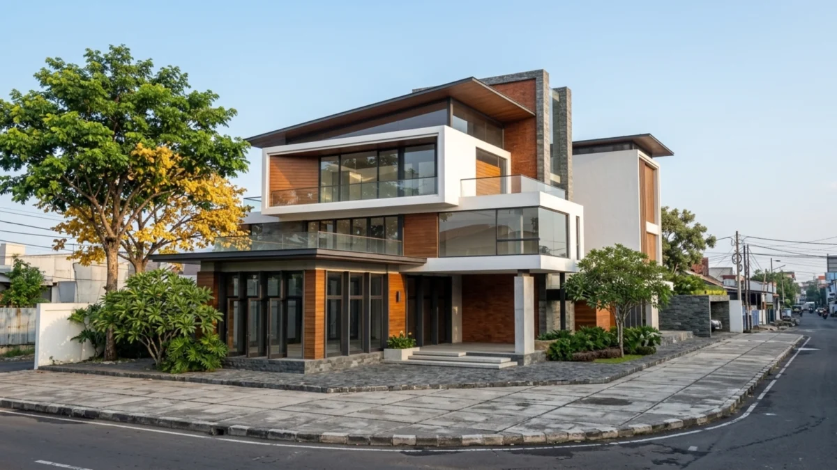 Desain Rumah Modern Tropis Tiga Lantai di Lahan Sudut - tampak eksterior