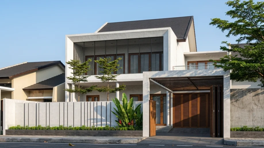Desain Rumah Tropis Modern Dua Lantai dengan Secondary Skin - tampak eksterior