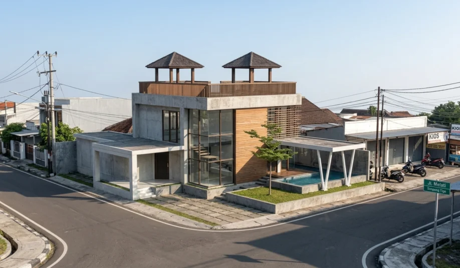 Desain Rumah Modern di Lahan Sudut dengan Kolam Renang dan Rooftop - tampak eksterior