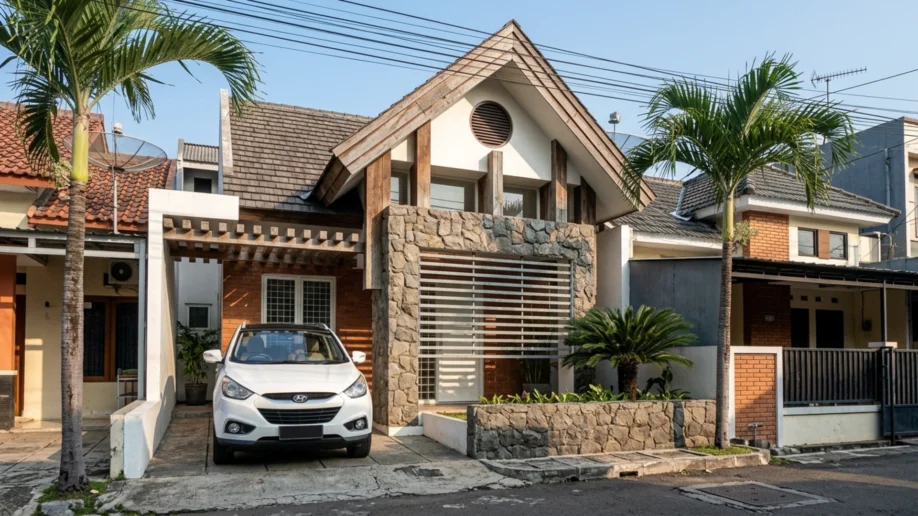 Desain Rumah Tropis Kontemporer dengan Fasad Batu Alam - tampak eksterior