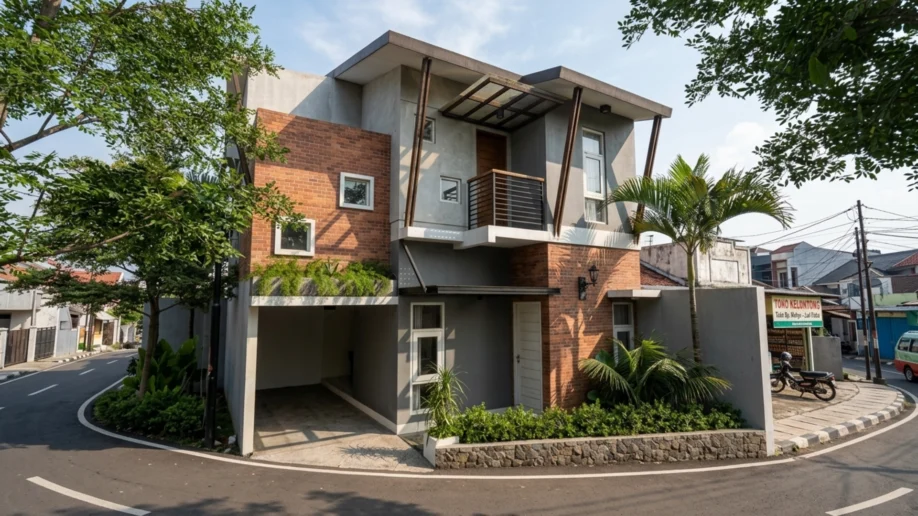 Desain Rumah Industrial Tropis Dua Lantai di Lahan Sudut - tampak eksterior
