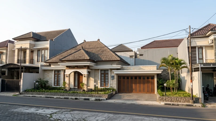 Desain Rumah Klasik Tropis Satu Lantai dengan Atap Limasan - tampak eksterior
